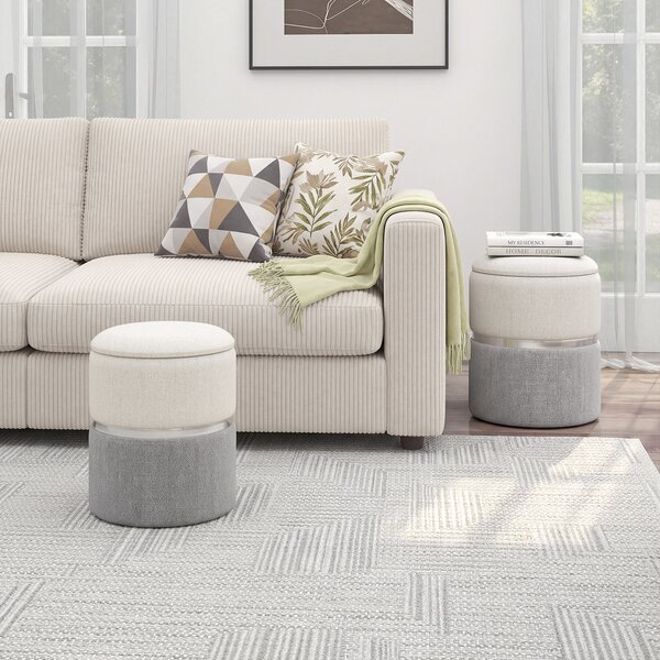 Costway Set di 2 pouf in tessuto con spazio di archiviazione, Poggiapiedi rotondo con spazio nascosto Beige e Grigio