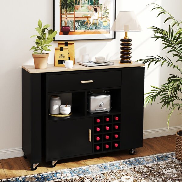 Costway Carrello da cucina con piano in legno di gomma ripiano regolabile porta calici, Mobile 2 in 1 su ruote Nero