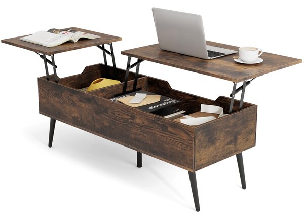 Costway Tavolo centrale moderno con 2 scomparti nascosti e gambe in metallo tavolo, Tavolino da caffè con piano sollevabile Marrone Rustico