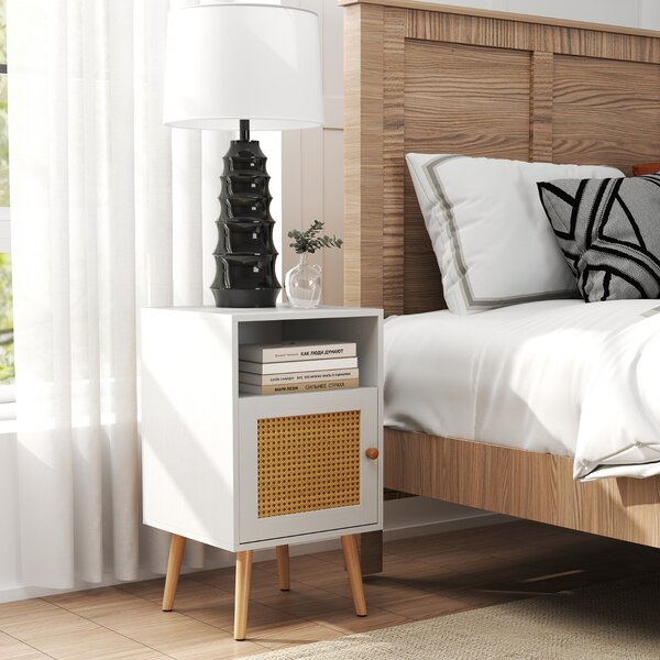 Costway Comodino con mensola aperta e porta in rattan, Tavolino in stile country per camera da letto e soggiorno Bianco