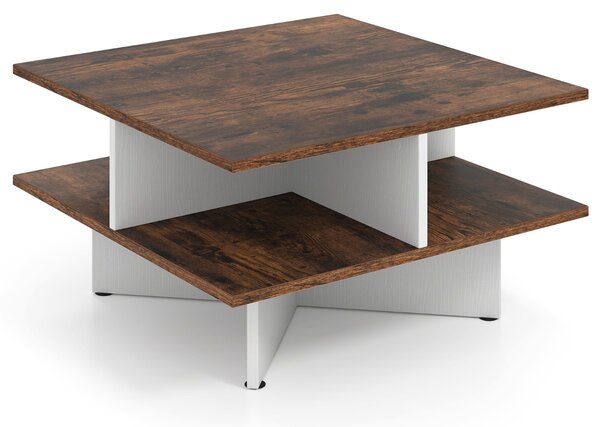 Costway Tavolino da caffè a 2 livelli con 4 scomparti per storage, Tavolo centrale per soggiorno da 60 cm Marrone Rustico e Bianco