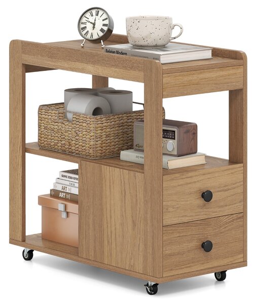 Costway Tavolino stretto moderno tavolino laterale a 2 cassetti con ripiani aperti, Comodino mobile con ruote universali bloccabili per soggiorno camera da letto ufficio Naturale