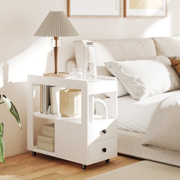 Costway Tavolino stretto moderno tavolino laterale a 2 cassetti con ripiani aperti, Comodino mobile con ruote universali bloccabili per soggiorno camera da letto ufficio Bianco