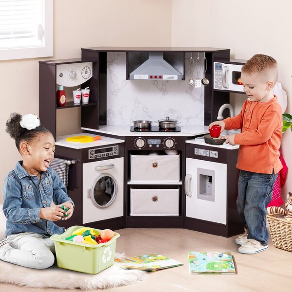 Costway Cucina giocattolo per bambini in legno con luci e suoni realistici, Angolo cucina con cappa aspirante illuminata Caffè