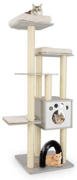 Costway Albero tiragraffi per gatti con 2 trespoli in tessuto felpato arco massaggiante, Albero per gatti alto Grigio