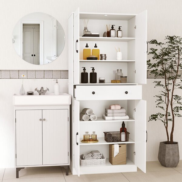 Costway Armadietto da cucina alto 183 cm con 2 kit anti-ribaltamento per soggiorno, Armadio moderno in stile agriturismo con 4 porte Bianco