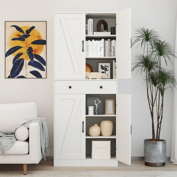Costway Armadietto da cucina alto 183 cm con 2 kit anti-ribaltamento per soggiorno, Armadio moderno in stile agriturismo con 4 porte Bianco