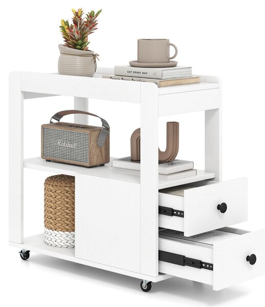 Costway Tavolino stretto moderno tavolino laterale a 2 cassetti con ripiani aperti, Comodino mobile con ruote universali bloccabili per soggiorno camera da letto ufficio Bianco