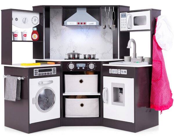 Costway Cucina giocattolo per bambini in legno con luci e suoni realistici, Angolo cucina con cappa aspirante illuminata Caffè