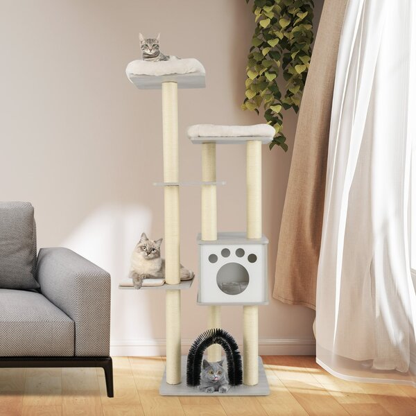 Costway Albero tiragraffi per gatti con 2 trespoli in tessuto felpato arco massaggiante, Albero per gatti alto Grigio
