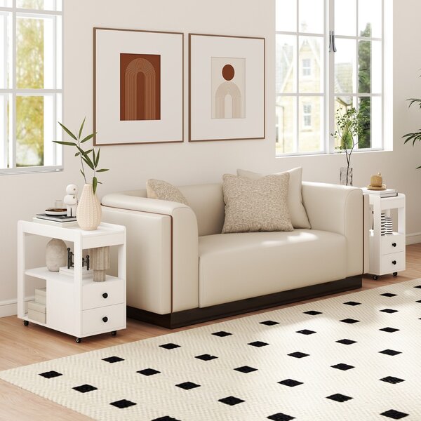 Costway Tavolino stretto moderno tavolino laterale a 2 cassetti con ripiani aperti, Comodino mobile con ruote universali bloccabili per soggiorno camera da letto ufficio Bianco
