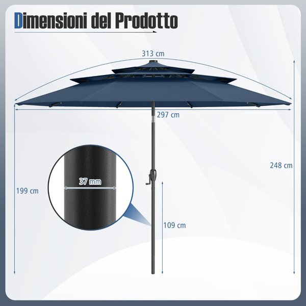Costway Ombrellone da patio solare 313 cm con tetto ventilato a 3 piani, Tenda parasole per tavolo da giardino Indaco