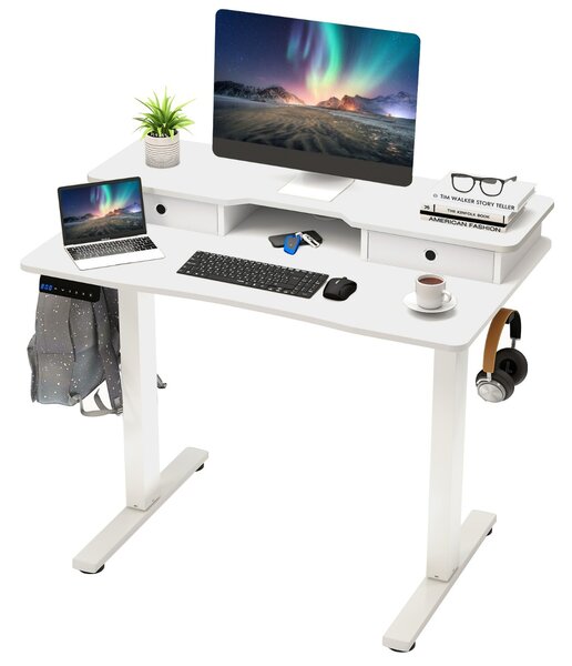 Costway Scrivania elettrica regolabile in altezza con 2 cassetti, Scrivania con supporto per monitor 100 x 60 cm Bianco