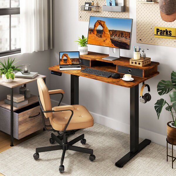 Costway Scrivania elettrica regolabile in altezza con 2 cassetti, Scrivania con supporto per monitor 100 x 60 cm Marrone