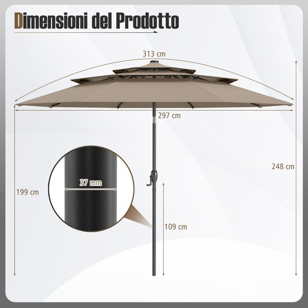 Costway Ombrellone da patio solare 313 cm con tetto ventilato a 3 piani, Tenda parasole per tavolo da giardino Taupe