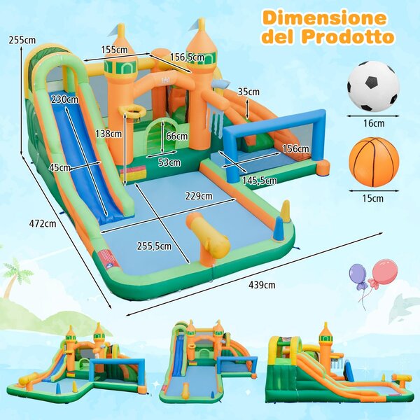 Costway Scivolo acquatico gonfiabile con piscine splash, Parco acquatico per bambini con lunghe rampe (Senza Ventilatore)