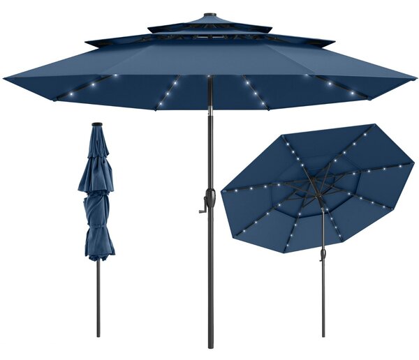 Costway Ombrellone da patio solare 313 cm con tetto ventilato a 3 piani, Tenda parasole per tavolo da giardino Indaco