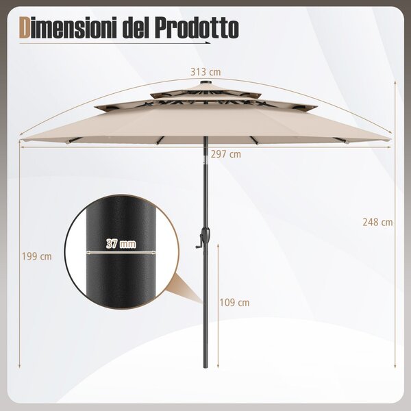 Costway Ombrellone da patio solare 313 cm con tetto ventilato a 3 piani, Tenda parasole per tavolo da giardino Beige