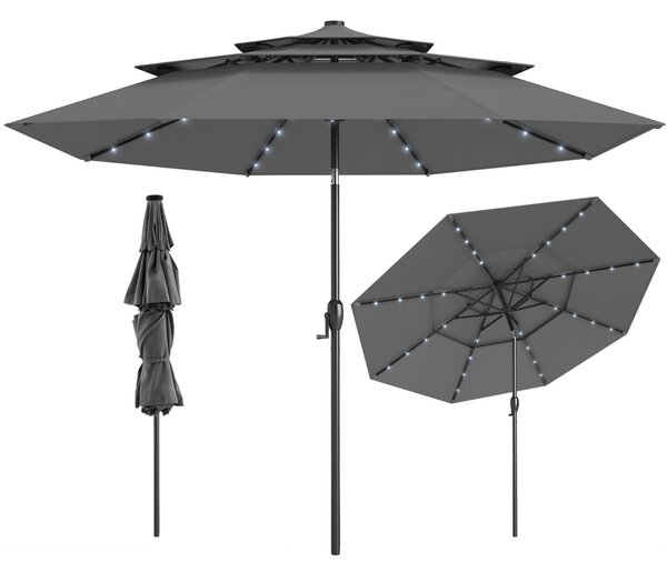 Costway Ombrellone da patio solare 313 cm con tetto ventilato a 3 piani, Tenda parasole per tavolo da giardino Grigio