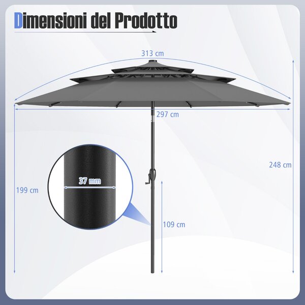 Costway Ombrellone da patio solare 313 cm con tetto ventilato a 3 piani, Tenda parasole per tavolo da giardino Grigio
