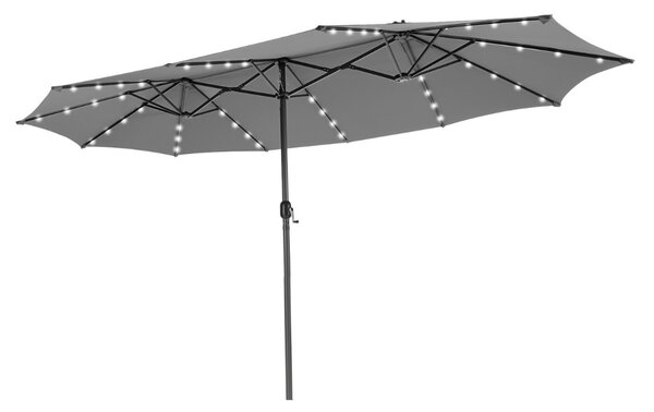 Costway Ombrellone gemello da 470cm con 48 luci LED, Ombrello da esterno a doppio lato con pannello solare auto-caricante Grigio