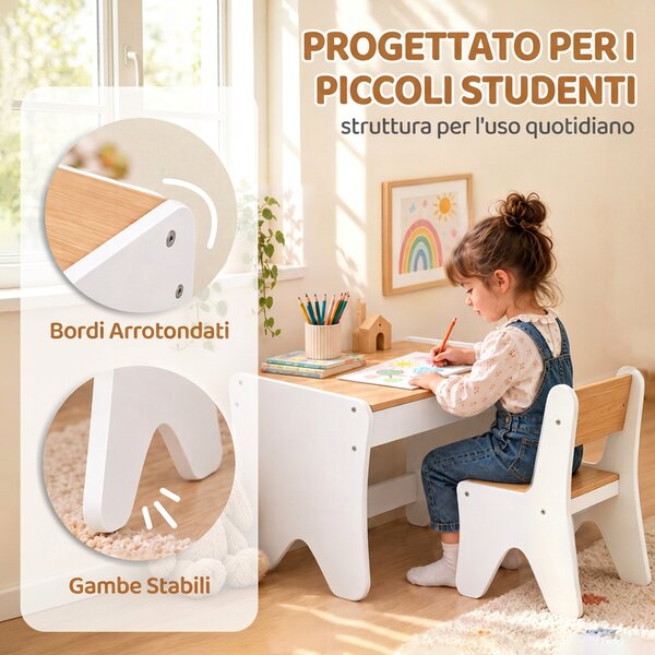 AIYAPLAY Set Tavolo Bambini con Sedia, Cassetto, 3-8 Anni, Bordi Arrotondati, per Cameretta, Soggiorno, Asilo, Bianco | Aosom Italy
