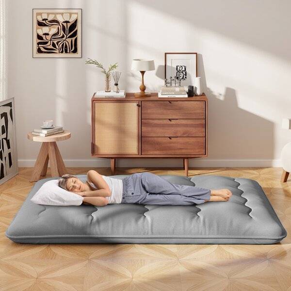 Costway Materasso futon portatile con copertura lavabile sacca da trasporto, Tappeto arrotolabile per pavimento 140cm Grigio