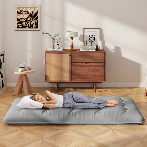 Costway Materasso futon portatile con copertura lavabile sacca da trasporto, Tappeto arrotolabile per pavimento 90cm Grigio