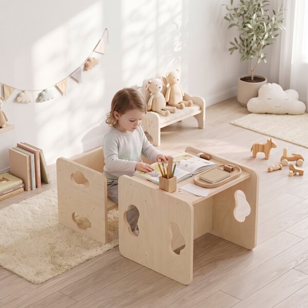 AIYAPLAY Set Tavolo Bambini con Sedia, 18-36 Mesi, Design Ribaltabile con 3 Opzioni di Altezza, Color Legno | Aosom Italy