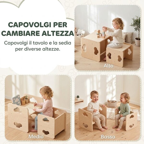 AIYAPLAY Set Tavolo Bambini con Sedia, 18-36 Mesi, Design Ribaltabile con 3 Opzioni di Altezza, Color Legno | Aosom Italy