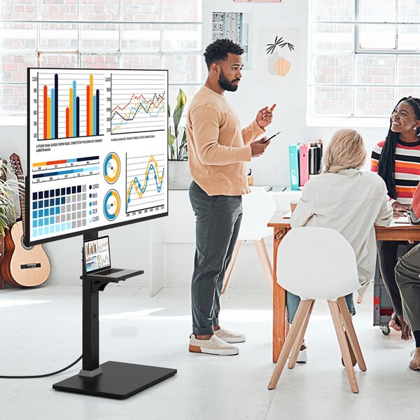 Costway Supporto TV da pavimento con presa di corrente in altezza e inclinazione, Supporto TV universale per TV con ripiano av regolabile Nero