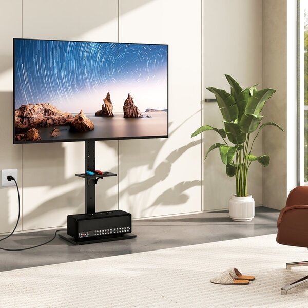Costway Supporto TV da pavimento con presa di corrente in altezza e inclinazione, Supporto TV universale per TV con ripiano av regolabile Nero