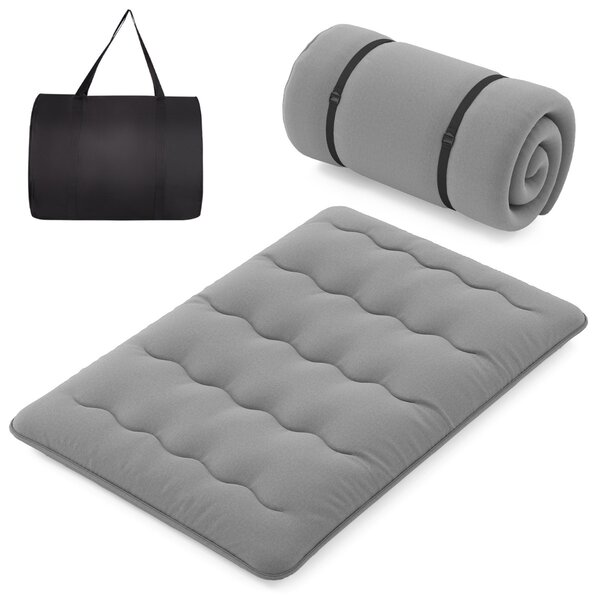 Costway Materasso futon portatile con copertura lavabile sacca da trasporto, Tappeto arrotolabile per pavimento 140cm Grigio