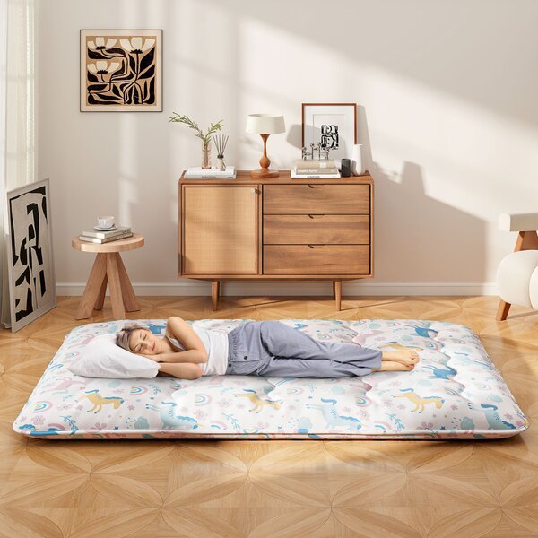 Costway Materasso futon portatile con copertura lavabile sacca da trasporto, Tappeto arrotolabile per pavimento 140cm Colorato