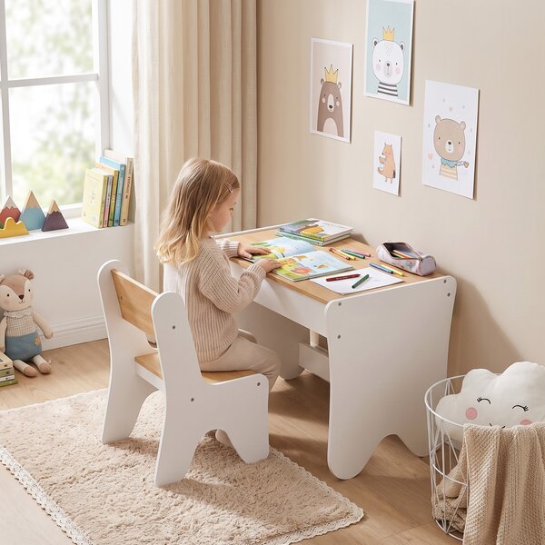 AIYAPLAY Set Tavolo Bambini con Sedia, Cassetto, 3-8 Anni, Bordi Arrotondati, per Cameretta, Soggiorno, Asilo, Bianco | Aosom Italy