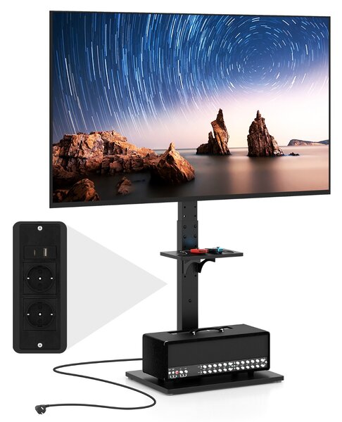Costway Supporto TV da pavimento con presa di corrente in altezza e inclinazione, Supporto TV universale per TV con ripiano av regolabile Nero