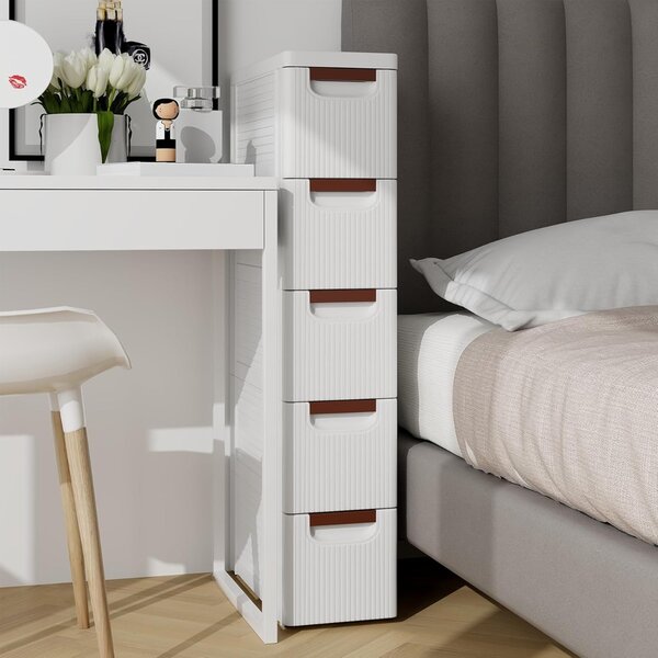 Costway Mobiletto stretto con ruote, Carrello e organizzatore slim con 5 cassetti per spazi piccoli Bianco