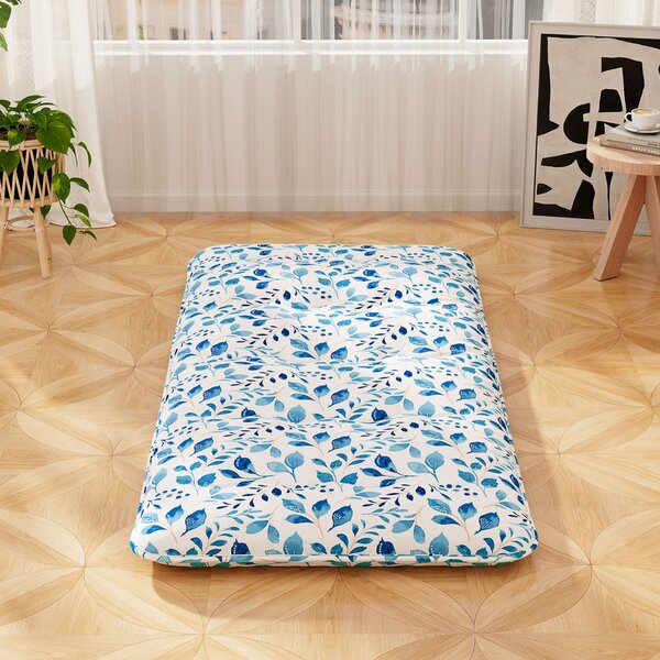 Costway Materasso futon portatile con copertura lavabile sacca da trasporto, Tappeto arrotolabile per pavimento 90cm Blu chiaro