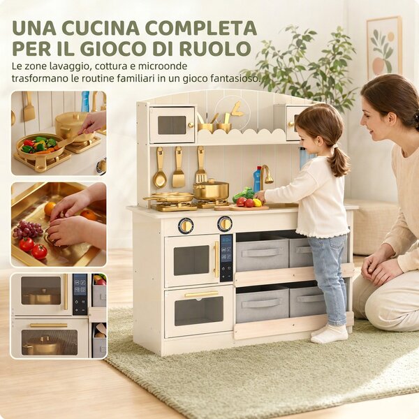 AIYAPLAY Cucina Giocattolo per Bambini in Legno con Luci e Suoni, 4 Cassetti in Tessuto, 12 Accessori, Regalo, 3-6 Anni | Aosom Italy