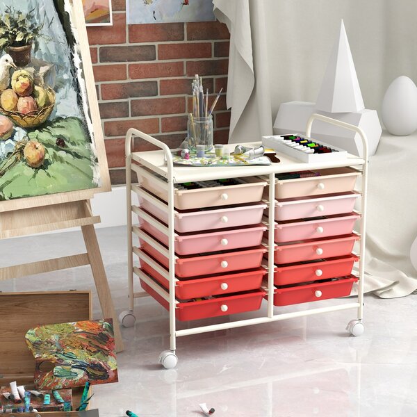 Costway Carrello portaoggetti con 12 cassetti e ampio piano di lavoro, Cassettiera con 4 ruote per soggiorno e cucina Rosa Sfumato