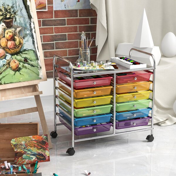 Costway Carrello portaoggetti con 12 cassetti e ampio piano di lavoro, Cassettiera con 4 ruote per soggiorno e cucina Multicolore Trasparente