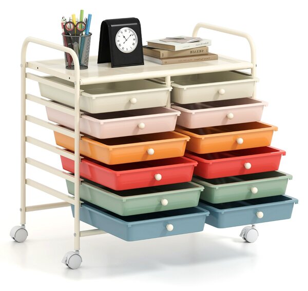 Costway Carrello portaoggetti con 12 cassetti e ampio piano di lavoro, Cassettiera con 4 ruote per soggiorno e cucina Macaron