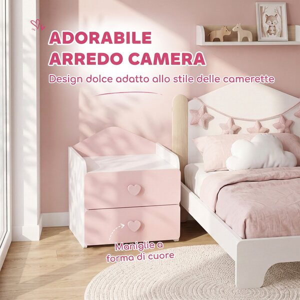 AIYAPLAY Comodino per Bambini 3-8 Anni con 2 Cassetti, Angoli Arrotondati, Maniglie a Cuore, 34x31x36 cm, Rosa | Aosom Italy