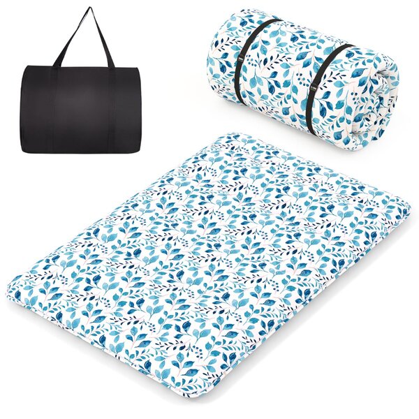Costway Materasso futon portatile con copertura lavabile sacca da trasporto, Tappeto arrotolabile per pavimento 140cm Blu chiaro