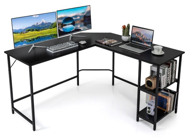 Costway Scrivania per computer a L forma da 138cm, Scrivania da ufficio angolar con telaio in acciaio ripiano rimovibile Nero