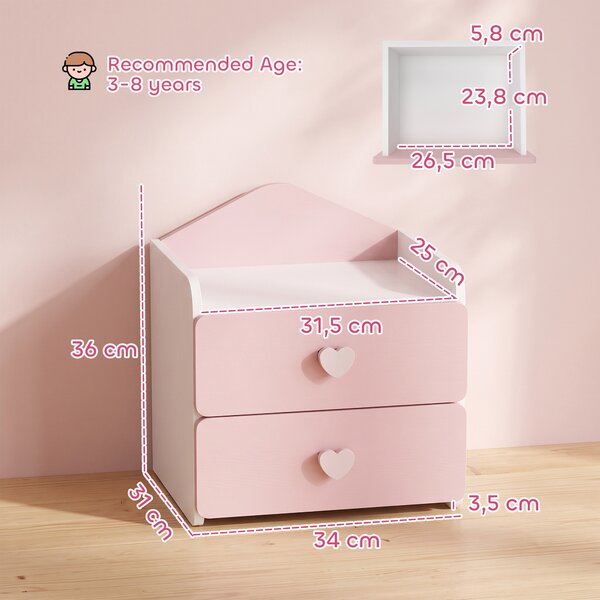 AIYAPLAY Comodino per Bambini 3-8 Anni con 2 Cassetti, Angoli Arrotondati, Maniglie a Cuore, 34x31x36 cm, Rosa | Aosom Italy