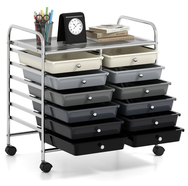 Costway Carrello portaoggetti con 12 cassetti e ampio piano di lavoro, Cassettiera con 4 ruote per soggiorno e cucina Grigio Sfumato