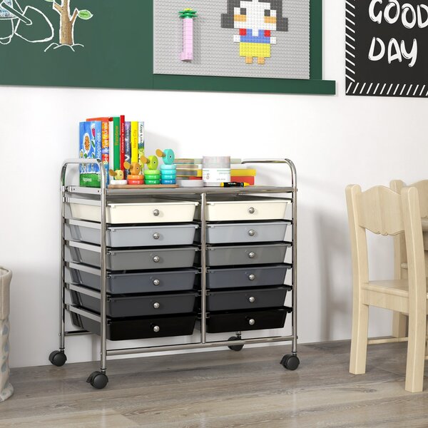 Costway Carrello portaoggetti con 12 cassetti e ampio piano di lavoro, Cassettiera con 4 ruote per soggiorno e cucina Grigio Sfumato