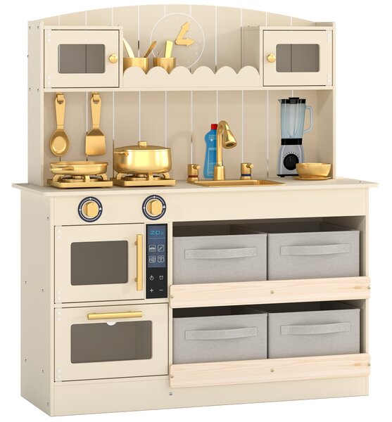 AIYAPLAY Cucina Giocattolo per Bambini in Legno con Luci e Suoni, 4 Cassetti in Tessuto, 12 Accessori, Regalo, 3-6 Anni | Aosom Italy