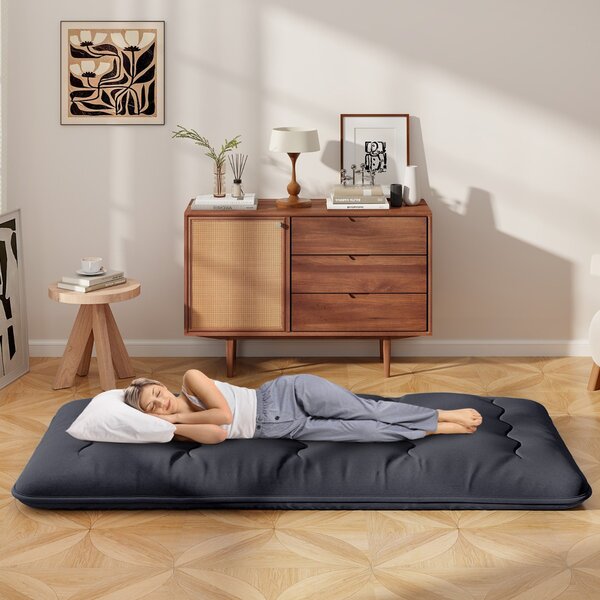Costway Materasso futon portatile con copertura lavabile sacca da trasporto, Tappeto arrotolabile per pavimento 90cm Nero